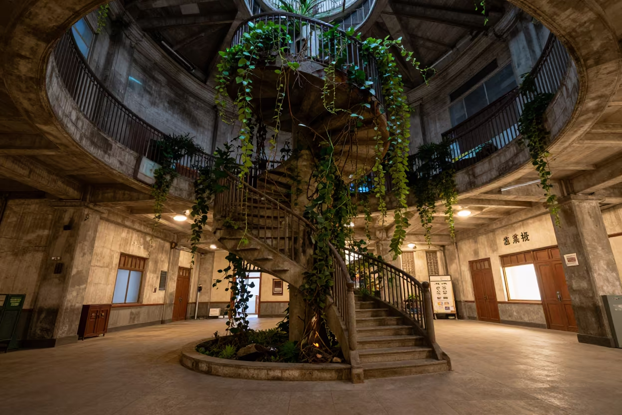 Midnight Stone Spiral Staircase Jungle Interior in inside a restored train terminal in Ningbo