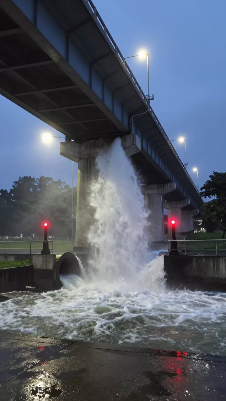 Midnight Storm Drain Culvert Under Ipoh Viaduct in under a viaduct of steel and concrete near Ipoh