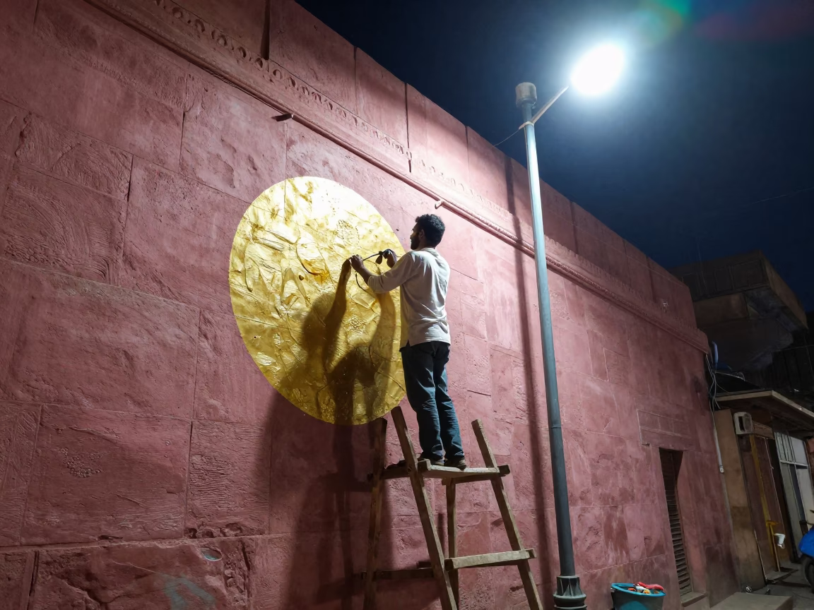 Midnight Street Art in Jaipur India Painter Applying Vibrant Colors to Pink Sandstone Wall in in Jaipur, India