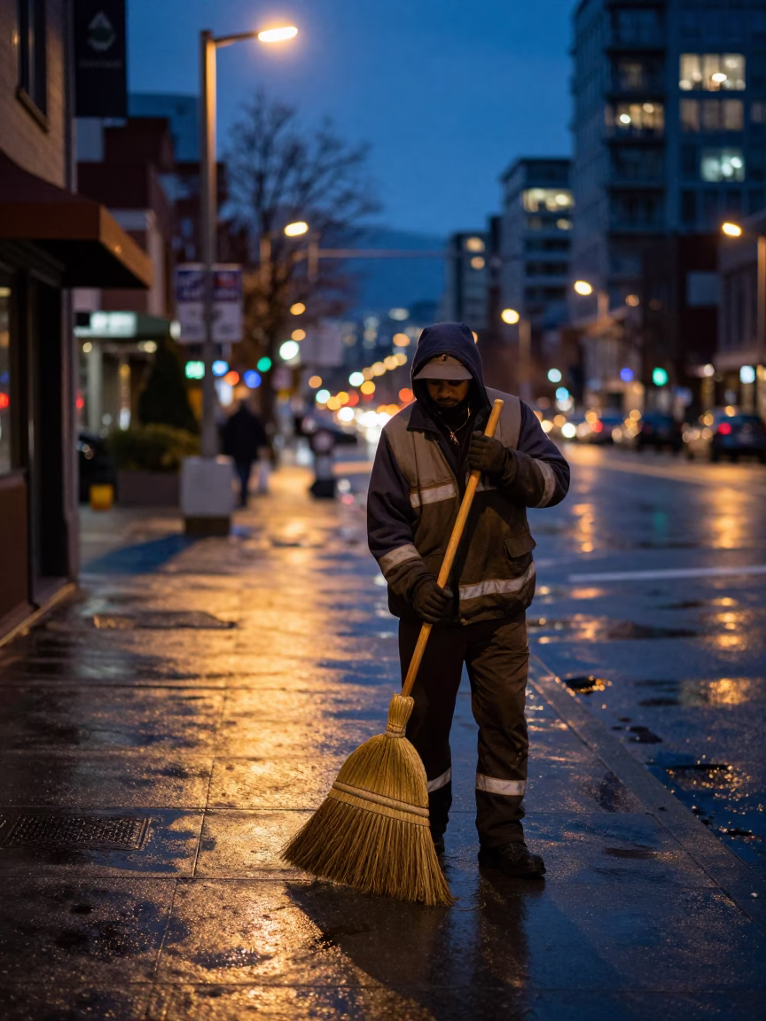 Midnight street cleaning scene with hand broom on Vancouver sidewalk near Granville Island in in Vancouver, British Columbia, Canada