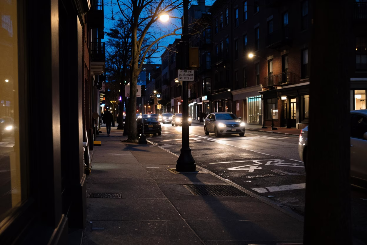 Midnight Street Corner in Boston Massachusetts with Doorframe and Urban Night Life in in Boston, Massachusetts, United States