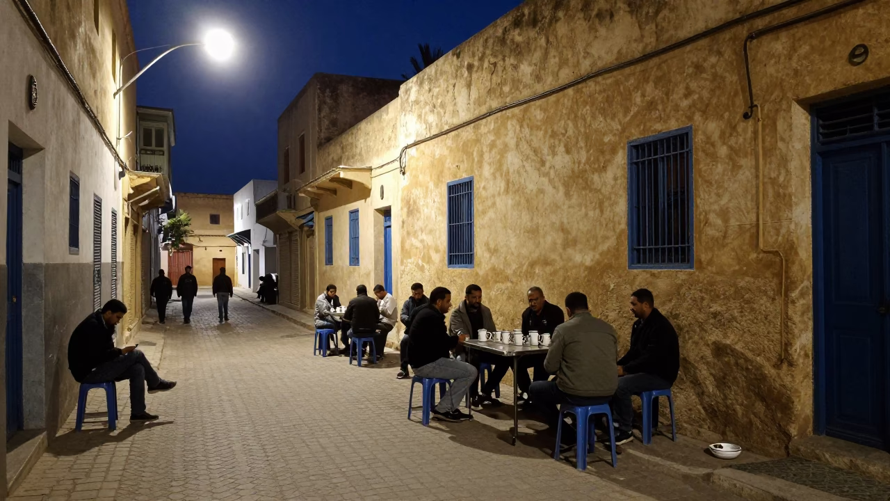 Midnight Street Corner in Tunis Tunisia with Ceramic Mugs and Ashtray in in Tunis, Tunisia