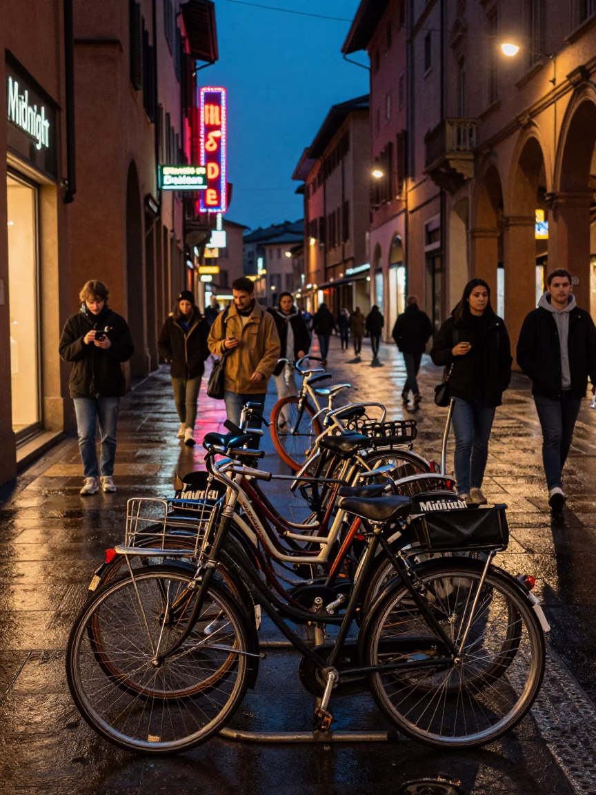 Midnight Street Fashion in Bologna Italy with Vintage Bicycle and Neon Lights in in Bologna, Italy