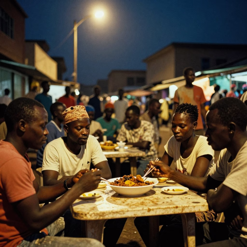 Midnight Street Food Scene in Accra Ghana with Doro Wat and Injera in in Accra, Ghana