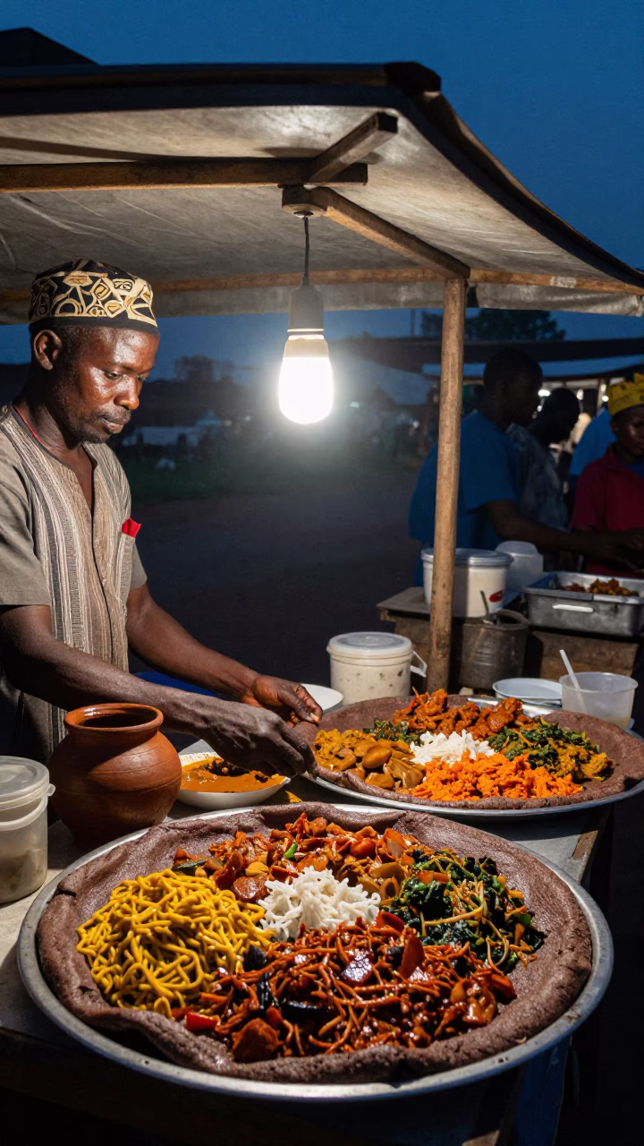 Midnight Street Food Scene in Accra Ghana with Injera and Local Atmosphere in in Accra, Ghana