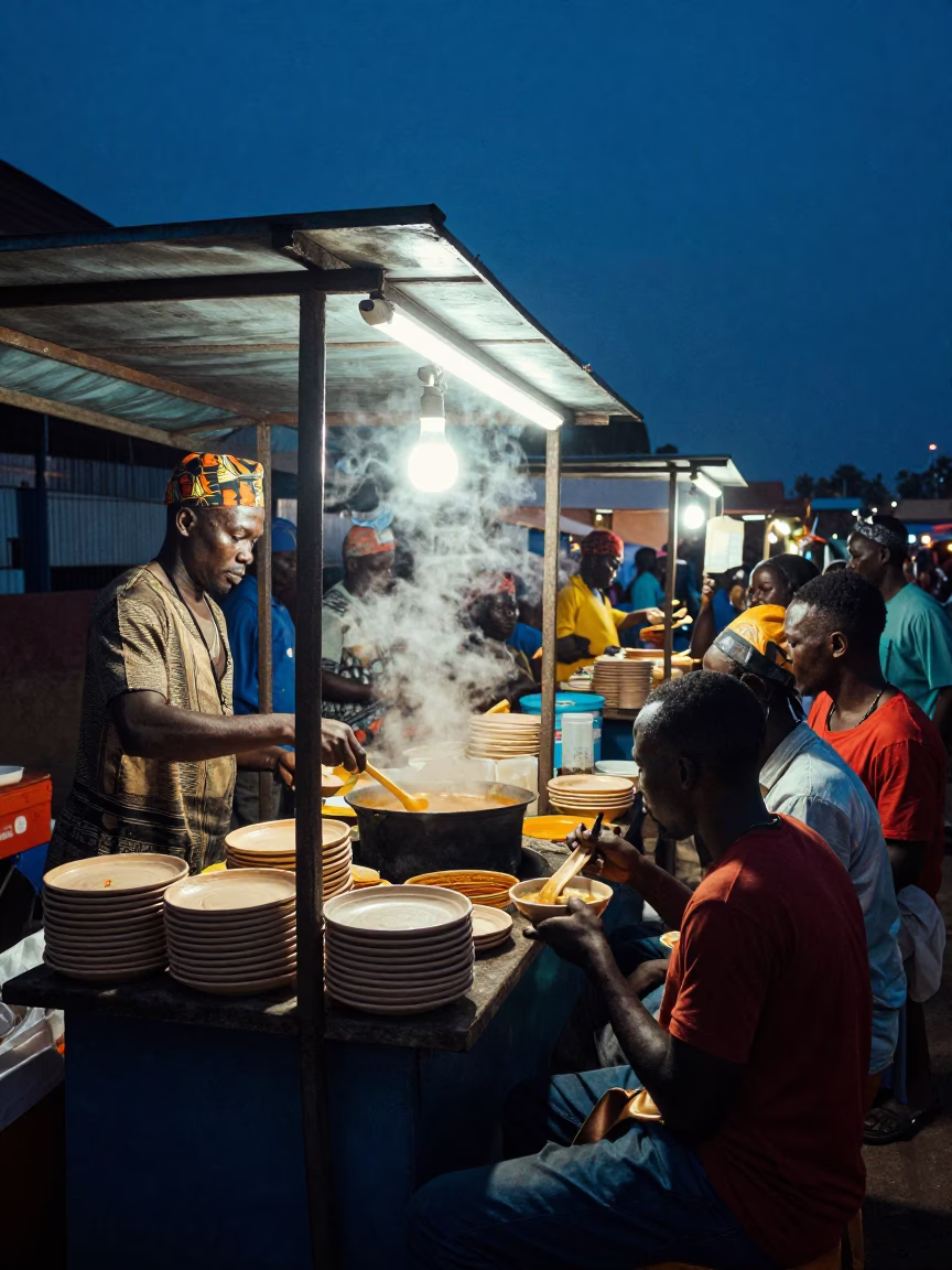 Midnight street food scene in Accra Ghana with local vendors and ceramic plates in in Accra, Ghana