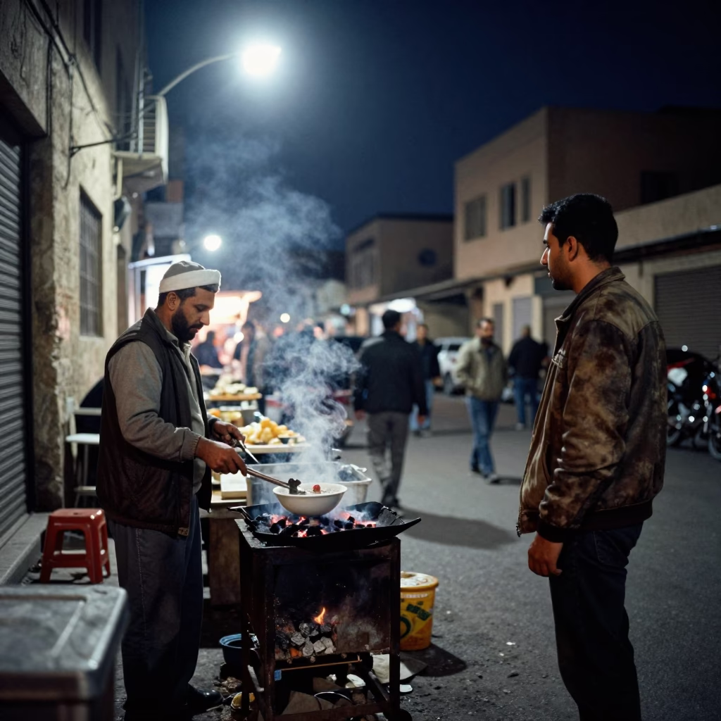 Midnight Street Food Scene in Alexandria Egypt with Bowl of Ash Reshteh and Kashk in in Alexandria, Egypt