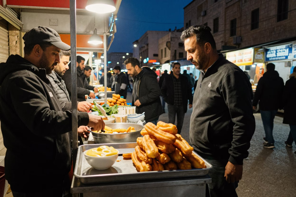 Midnight Street Food Scene in Amman Jordan with Local Diners and Food in in Amman, Jordan