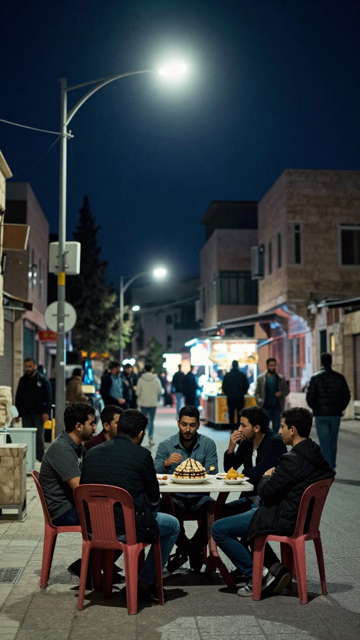 Midnight Street Food Scene in Amman Jordan with Traditional Dessert in in Amman, Jordan