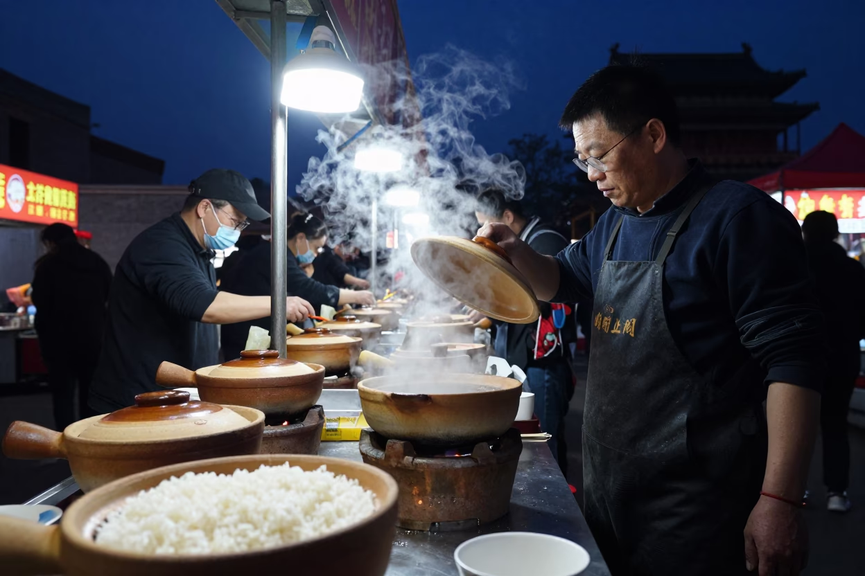 Midnight Street Food Scene in Beijing with Claypot Rice and Scooter Traffic in in Beijing, China