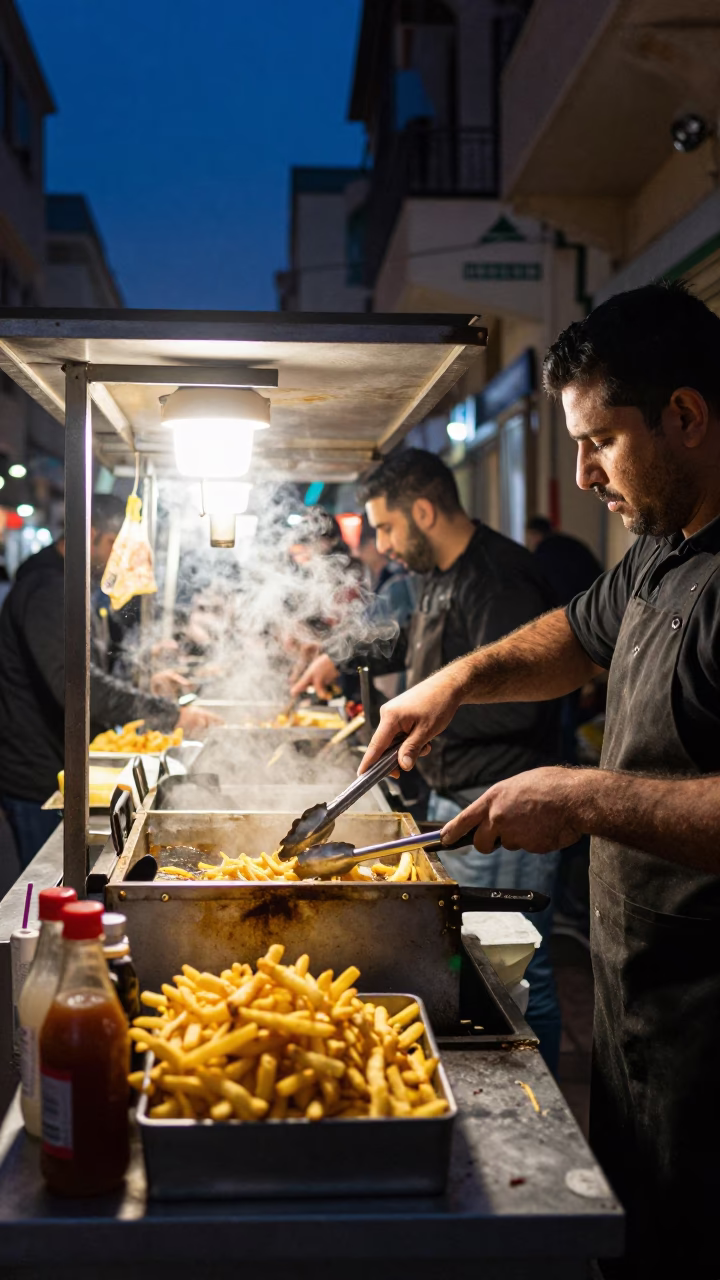 Midnight Street Food Scene in Beirut Lebanon with Fries and Condiments in in Beirut, Lebanon