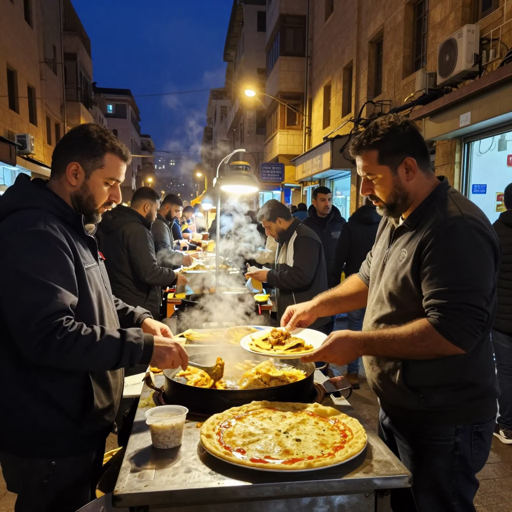 Midnight Street Food Scene in Beirut Lebanon with Jjianbing Crepe and Classic Bus in in Beirut, Lebanon