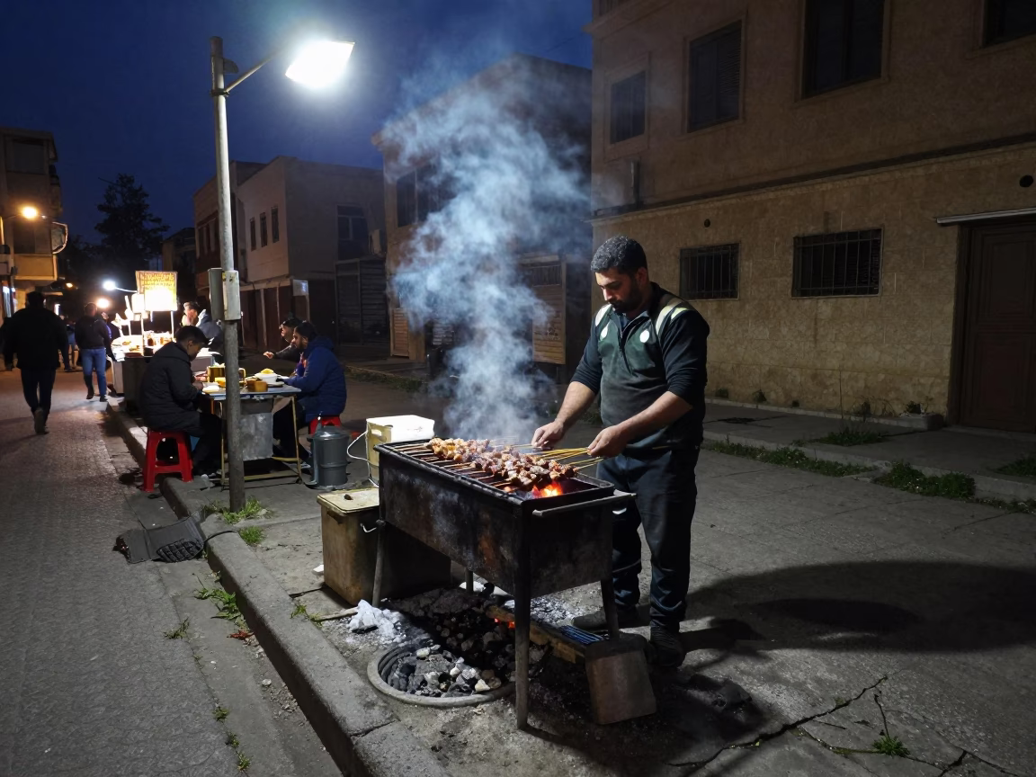 Midnight Street Food Scene in Beirut Lebanon with Sate Skewers and Tea in in Beirut, Lebanon