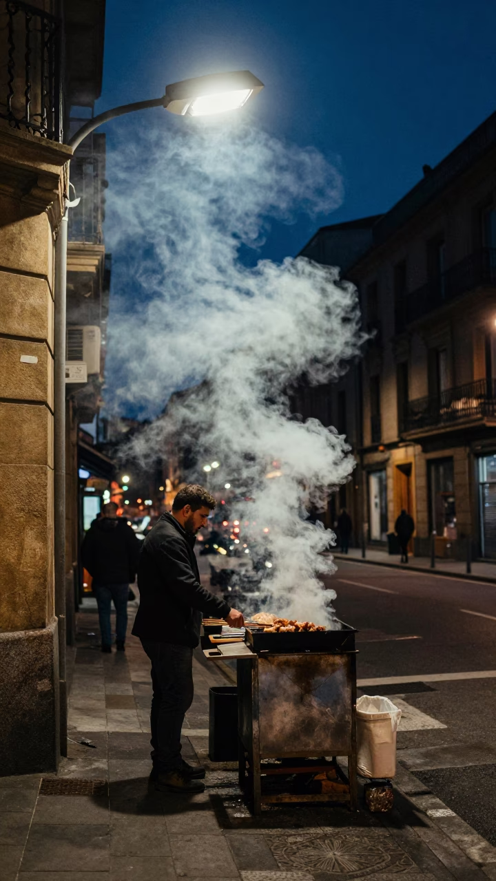 Midnight Street Food Scene in Bilbao Spain with Kebab Grill in in Bilbao, Spain