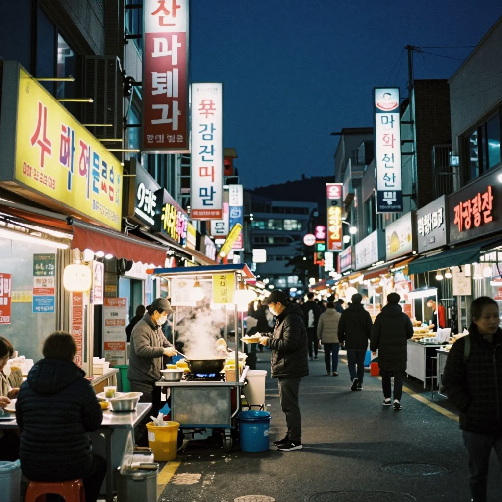 Midnight Street Food Scene in Busan South Korea with Neon Lights and Egg Coffee in in Busan, South Korea