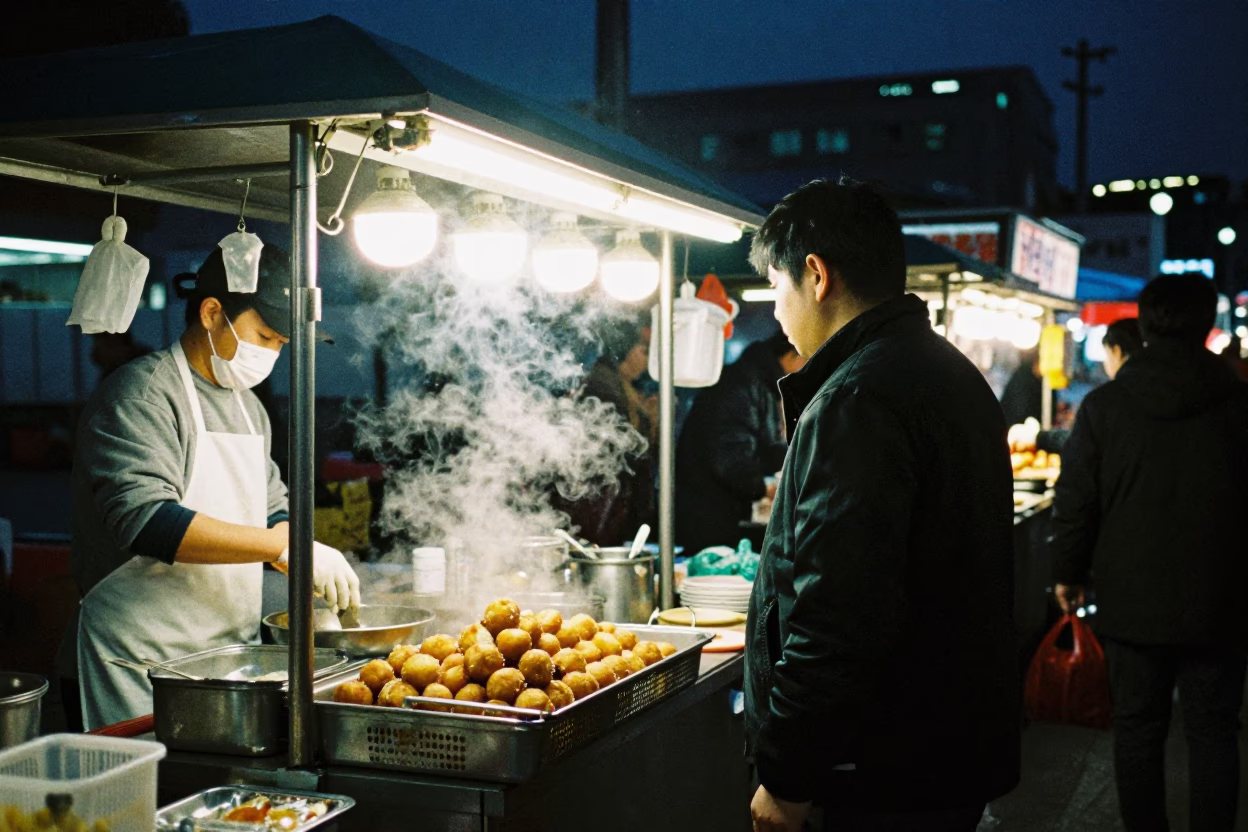 Midnight Street Food Scene in Busan South Korea with Steaming Arancini and Ceramic Bowls in in Busan, South Korea