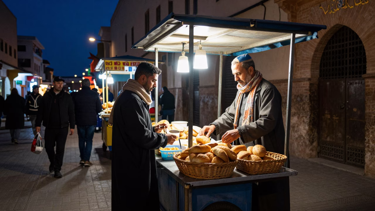 Midnight Street Food Scene in Casablanca Morocco with Scarf and Basket in in Casablanca, Morocco