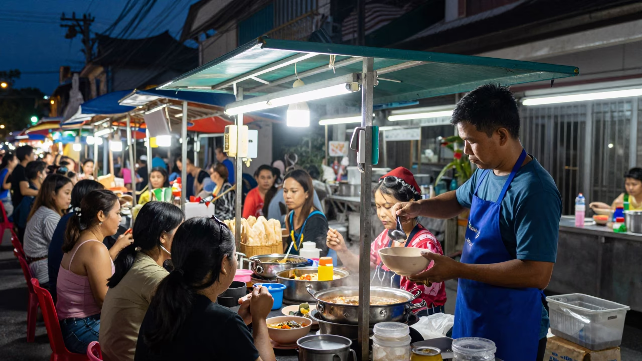 Midnight Street Food Scene in Chiang Mai Thailand with Local Diners and Steam in in Chiang Mai, Thailand