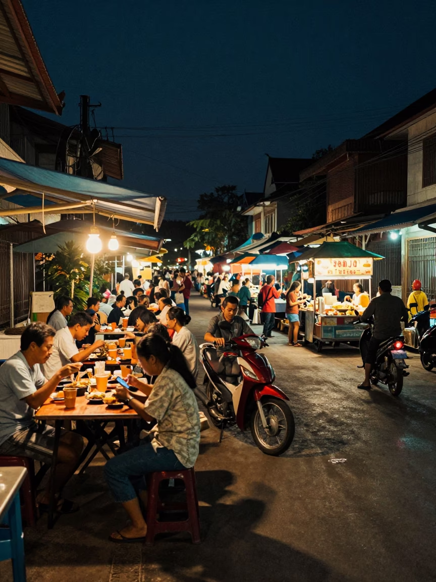 Midnight Street Food Scene in Chiang Mai Thailand with Motorcycle and Local Diners in in Chiang Mai, Thailand