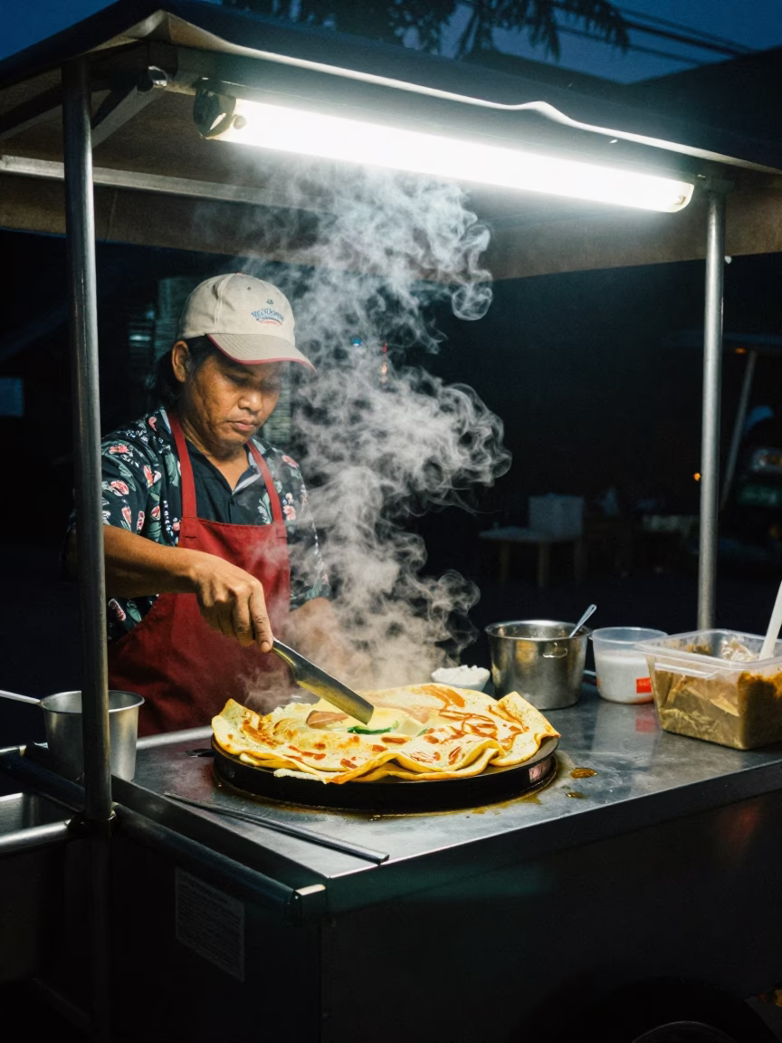 Midnight Street Food Scene in Chiang Mai Thailand with Plate of Jianbing Crepe in in Chiang Mai, Thailand