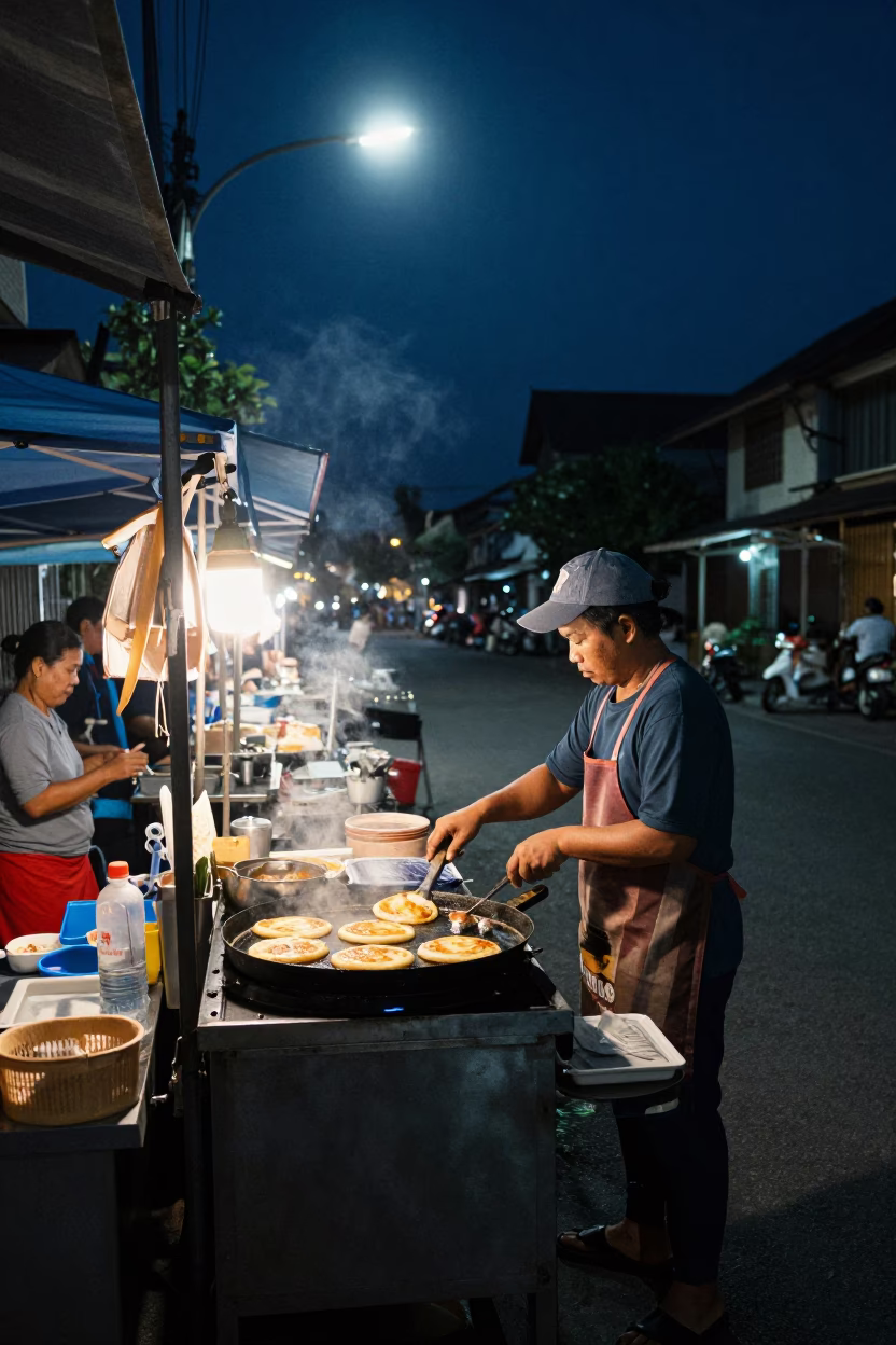 Midnight Street Food Scene in Chiang Mai Thailand with Sizzling Pan and Ceramic Mugs in in Chiang Mai, Thailand