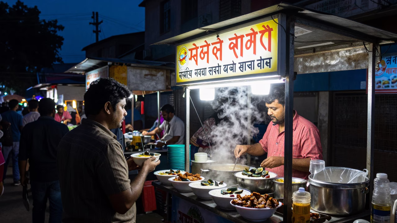 Midnight Street Food Scene in Delhi India with Century Egg and Deadbolt Lock in in Delhi, India