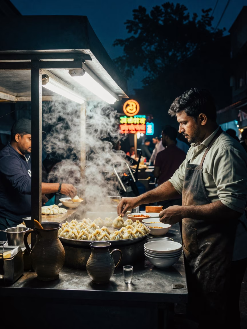 Midnight Street Food Scene in Delhi India with Momos and Neon Lights in in Delhi, India