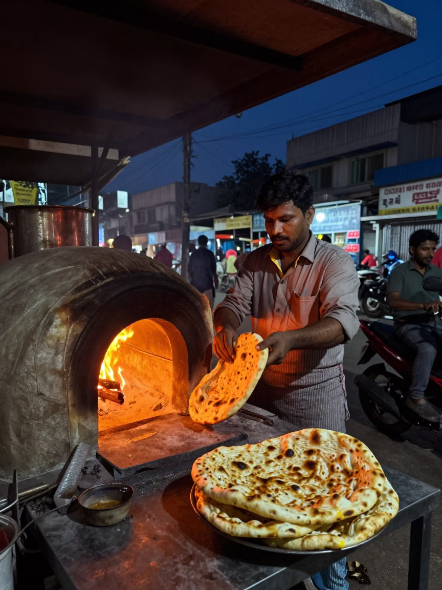 Midnight Street Food Scene in Delhi India with Tandoori Naan and Tiffin Tin in in Delhi, India