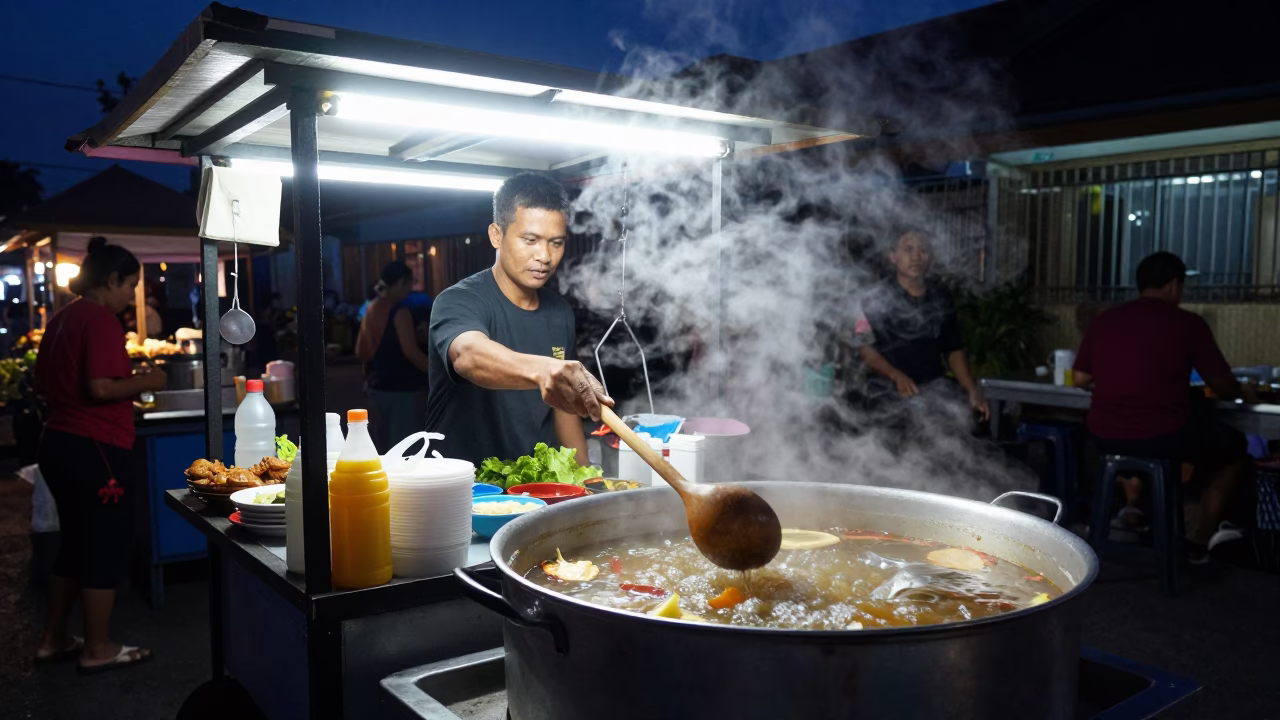 Midnight Street Food Scene in Denpasar Indonesia with Wooden Spoon and Steam in in Denpasar, Indonesia