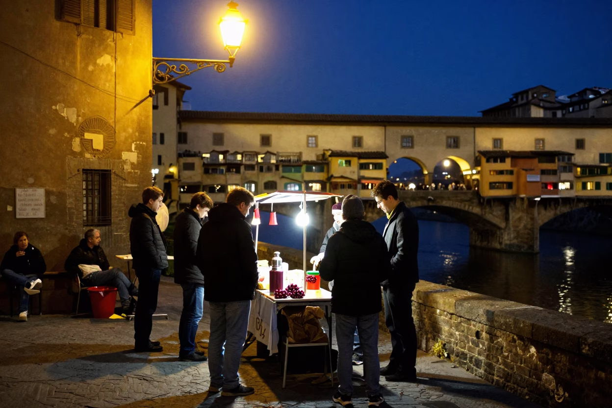 Midnight Street Food Scene in Florence Italy with Thermos and Cherries in in Florence, Italy