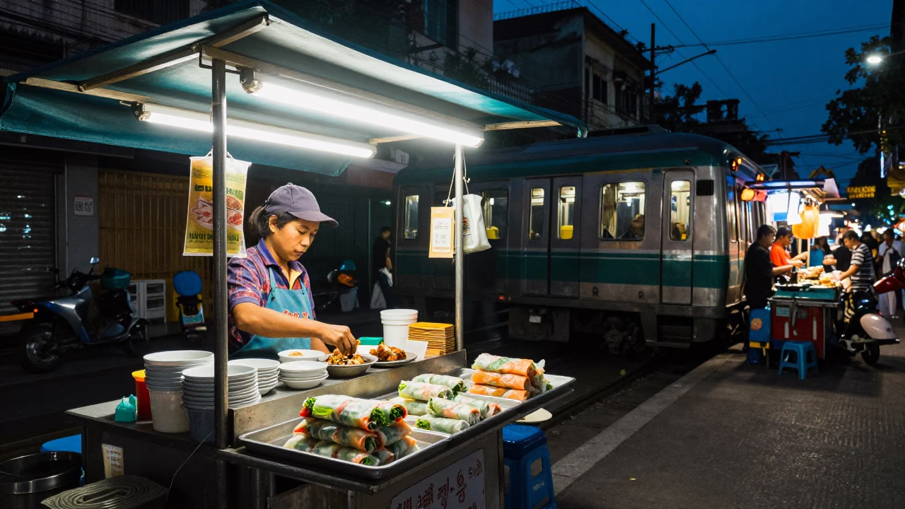 Midnight Street Food Scene in Hanoi Vietnam with Metro Train and Spring Rolls in in Hanoi, Vietnam