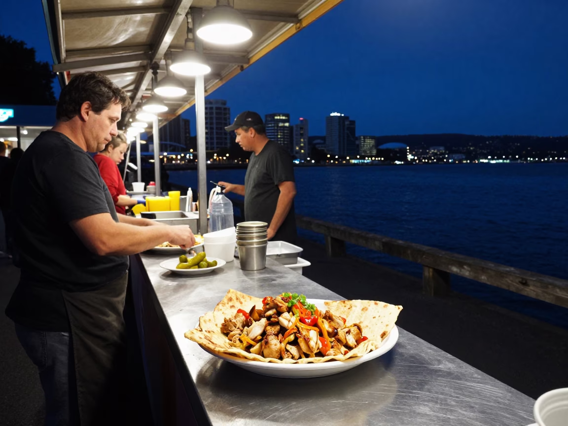 Midnight Street Food Scene in Hobart Tasmania with Shawarma and River Views in in Hobart, Tasmania, Australia