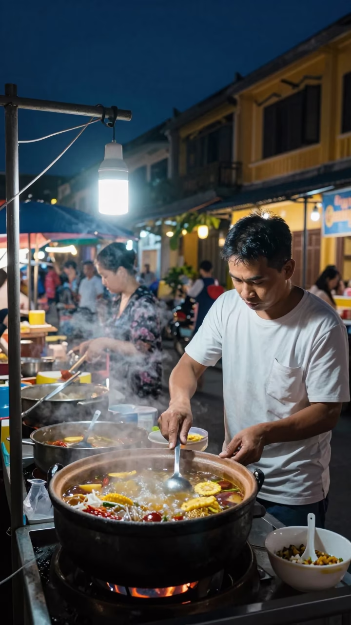 Midnight street food scene in Hoi An Vietnam with bubbling stew and local vendor in in Hoi An, Vietnam