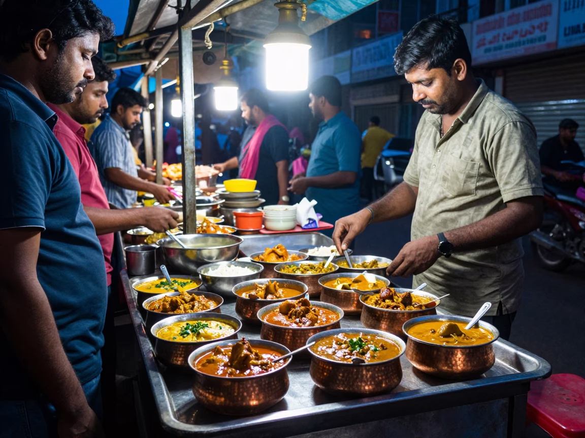 Midnight street food scene in Hyderabad India with copper bowls of curry and chai in in Hyderabad, India