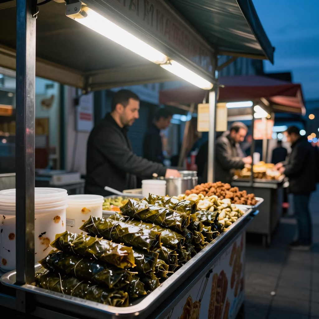 Midnight Street Food Scene in Istanbul Turkey with Tea Stains and Dolma in in Istanbul, Turkey
