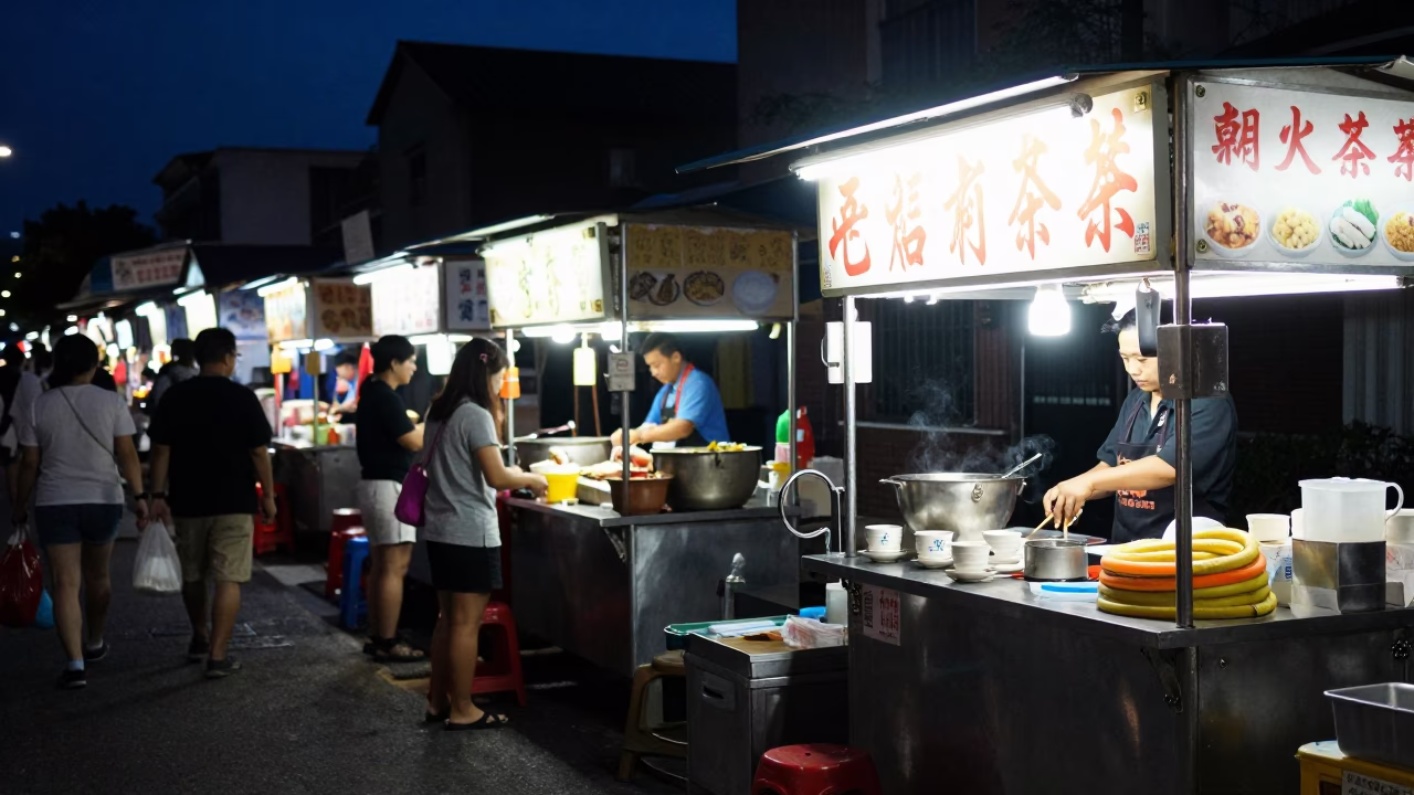 Midnight Street Food Scene in Kaohsiung Taiwan with Teacups and Hose Nozzle in in Kaohsiung, Taiwan