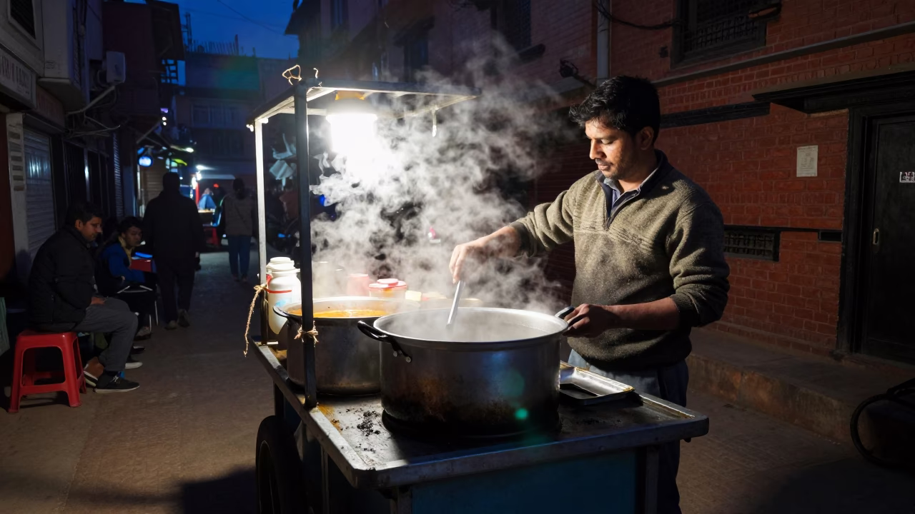 Midnight street food scene in Kathmandu with saucepan and twine details in in Kathmandu, Nepal