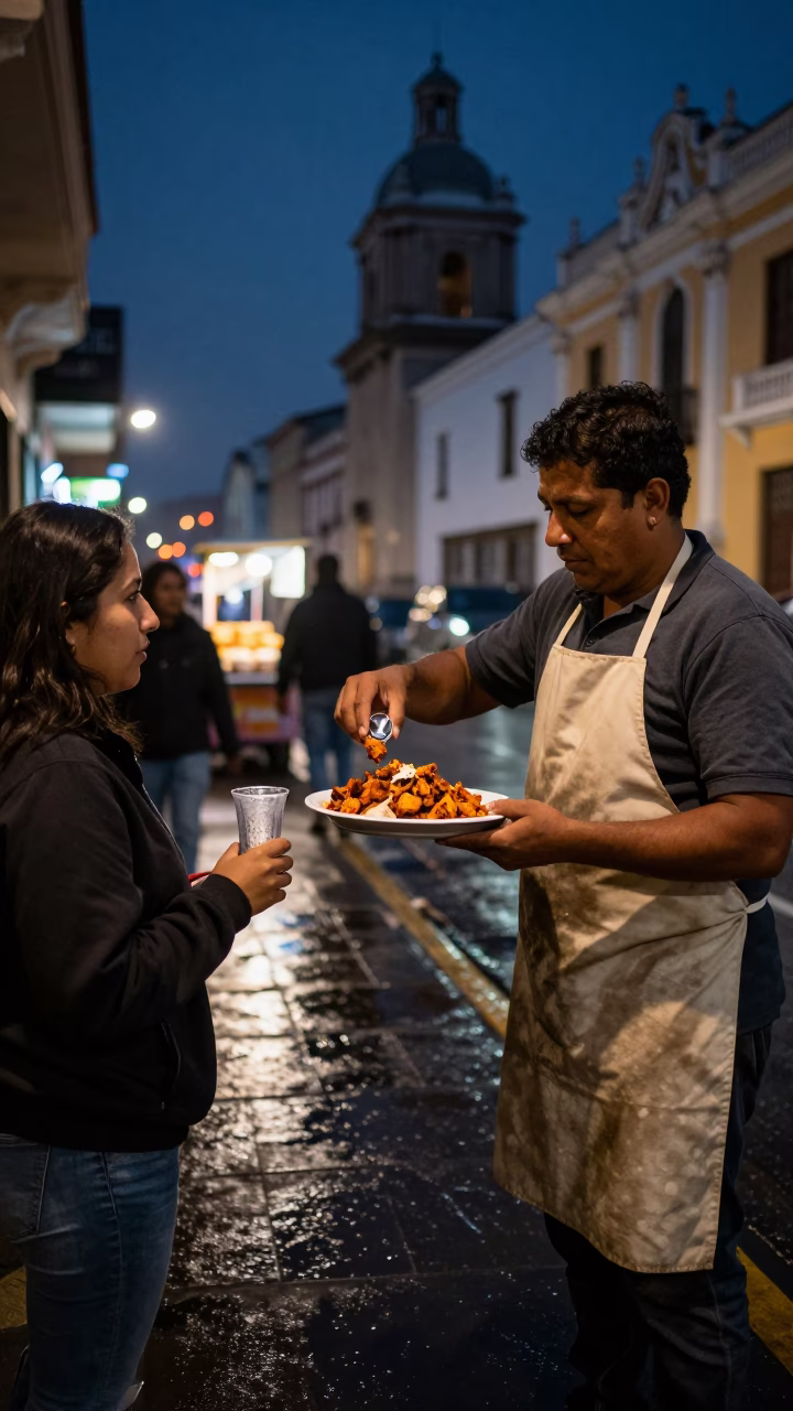 Midnight Street Food Scene in Lima Peru with Drinking Vessel and Plate in in Lima, Peru