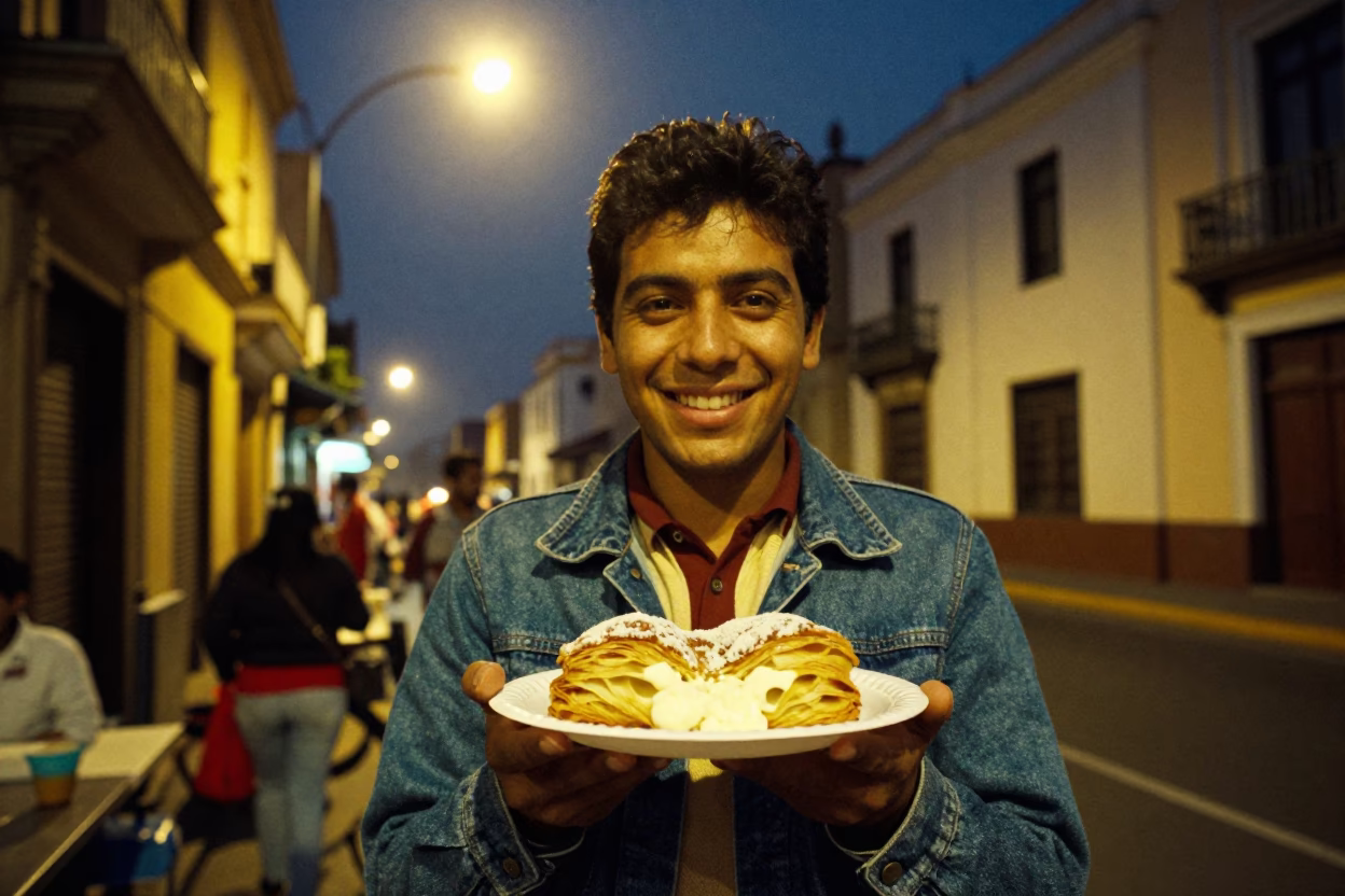 Midnight Street Food Scene in Lima Peru with Plate of Sfogliatelle in in Lima, Peru