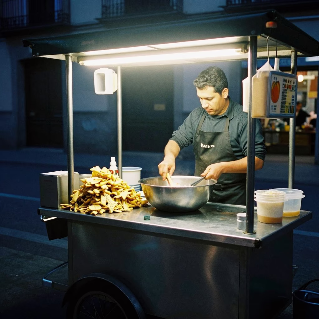 Midnight Street Food Scene in Madrid Spain with Mixing Bowl and Onions in in Madrid, Spain