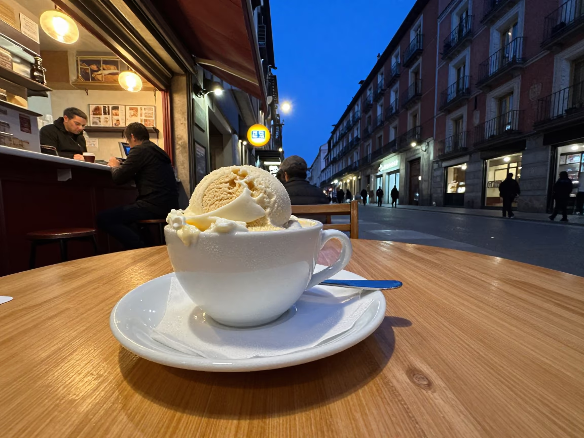 Midnight street food scene in Madrid with coffee cup and plate of kibbeh in in Madrid, Spain