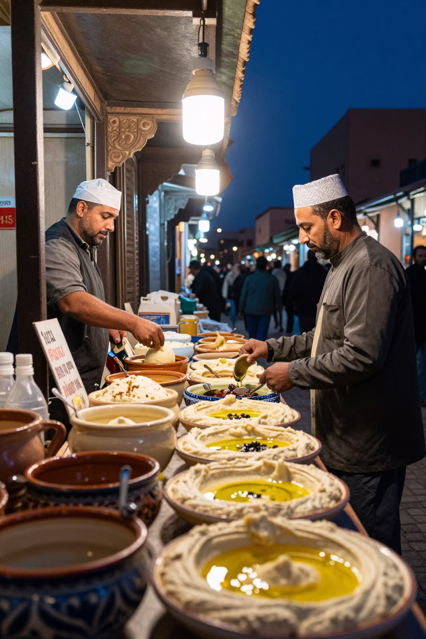 Midnight Street Food Scene in Marrakech Medina Hummus and Ceramic Bowls in in Marrakech, Morocco