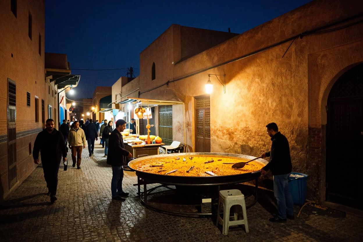 Midnight Street Food Scene in Marrakech Medina with Giant Paella Pan in in Marrakech, Morocco