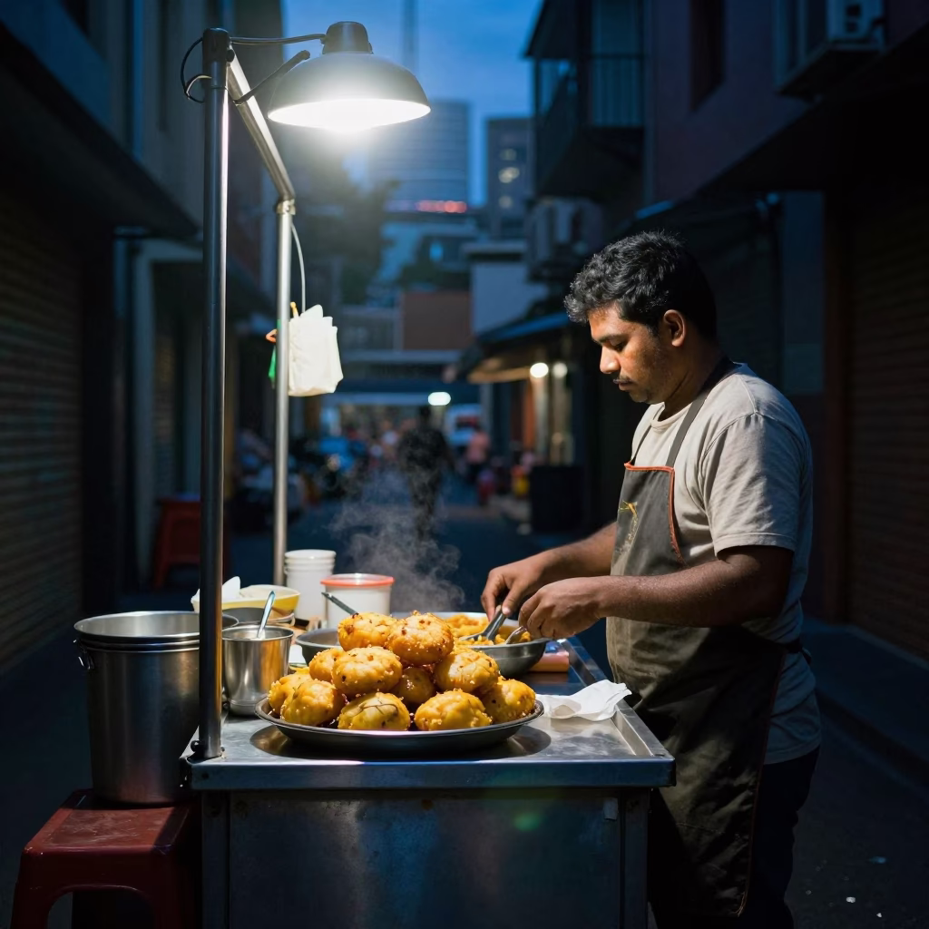 Midnight street food scene in Melbourne laneway with Indian aloo tikki and chutneys in in Melbourne, Victoria, Australia