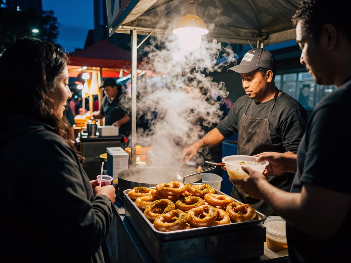 Midnight Street Food Scene in Melbourne Victoria with Mandazi and Steam in in Melbourne, Victoria, Australia