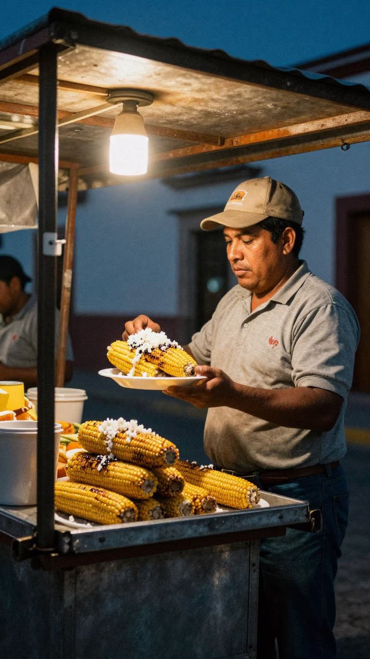 Midnight Street Food Scene in Merida Mexico with Elote and Cotija Cheese in in Merida, Mexico