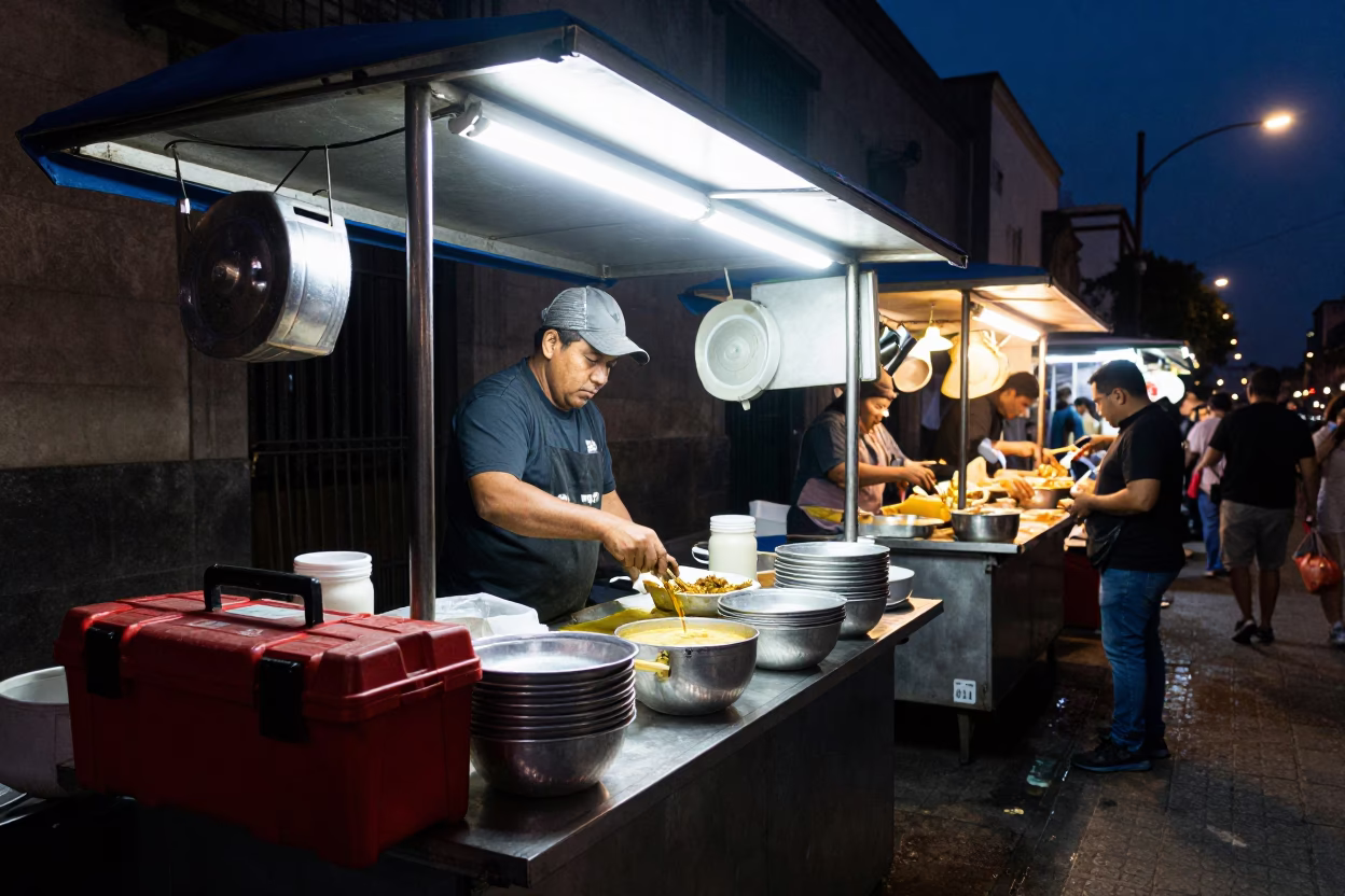 Midnight Street Food Scene in Mexico City with Toolboxes and Soup Bowls in in Mexico City, Mexico