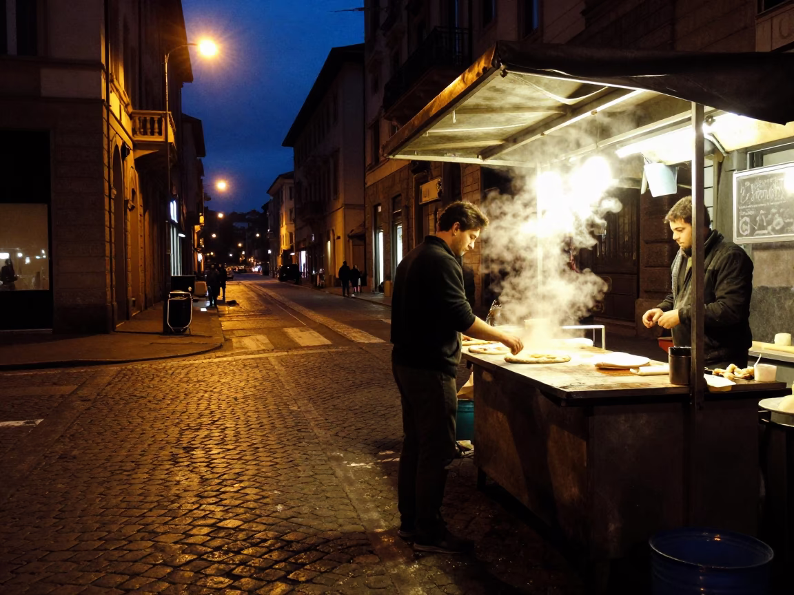 Midnight Street Food Scene in Milan Italy with Pizza and Urban Nightlife in in Milan, Italy