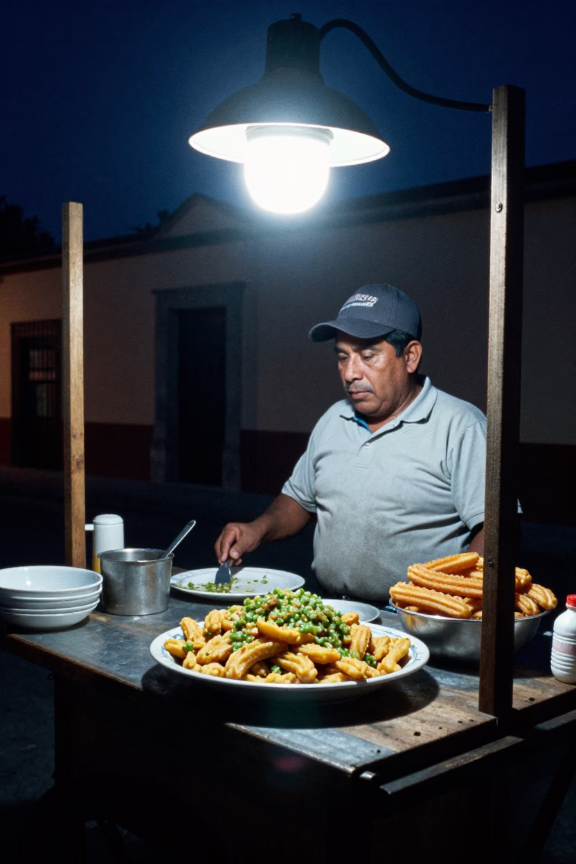 Midnight Street Food Scene in Oaxaca Mexico with Chilaquiles and Churros in in Oaxaca, Mexico