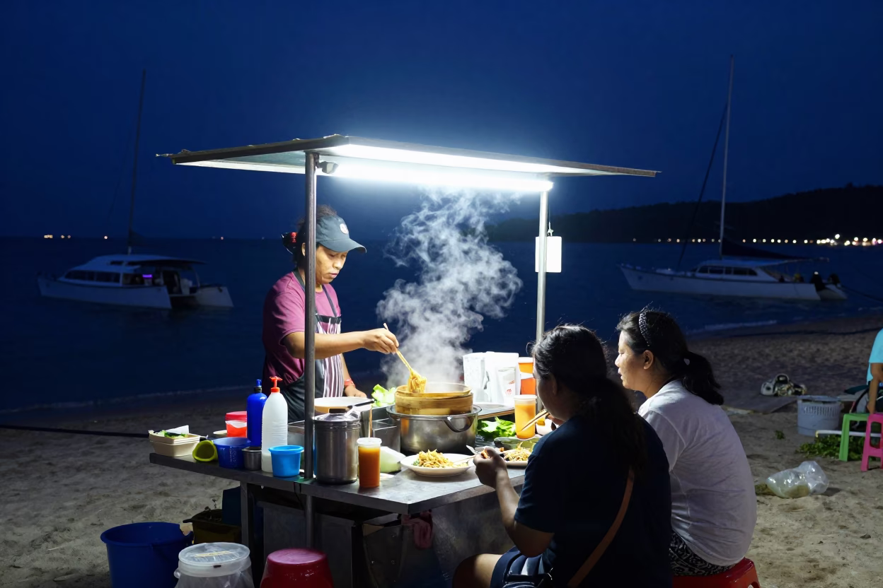 Midnight Street Food Scene in Phuket Thailand with Catamaran and Lichen Rock in in Phuket, Thailand